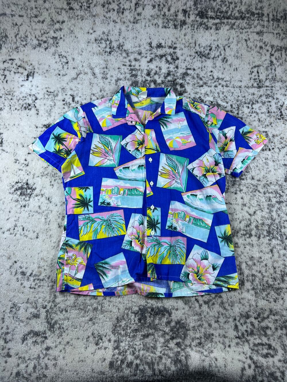 Vintage 80s Hawaiian Button Up Shirt Womens L Blue Tropical Floral Beach Aloha
